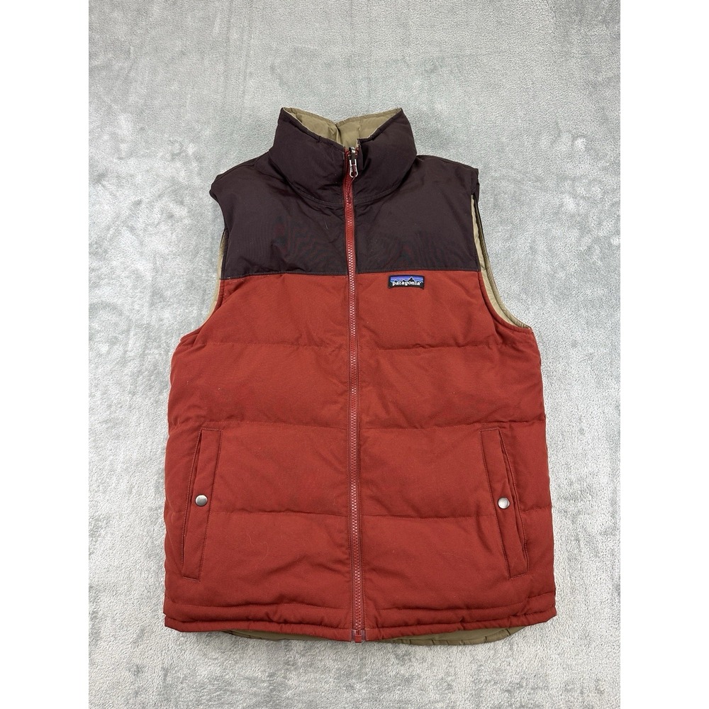 Patagonia Bivy Puffer Vest Men Small Full Zip Tan Brown Goose Down Reversible